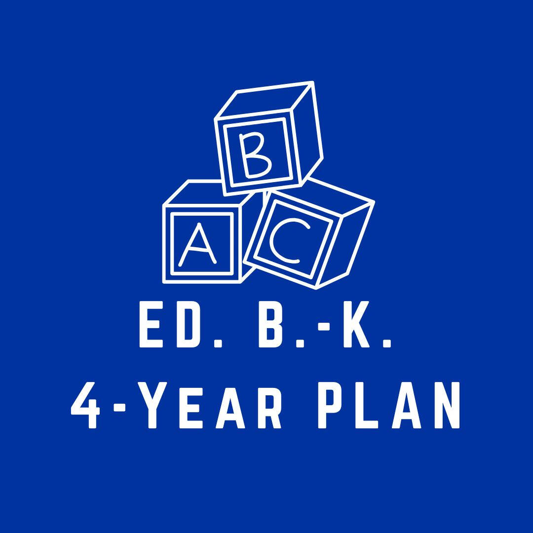 blue logo for education birth to kindergarten, image is a drawing of A B C blocks above text that reads "Ed B to K 4 year plan"